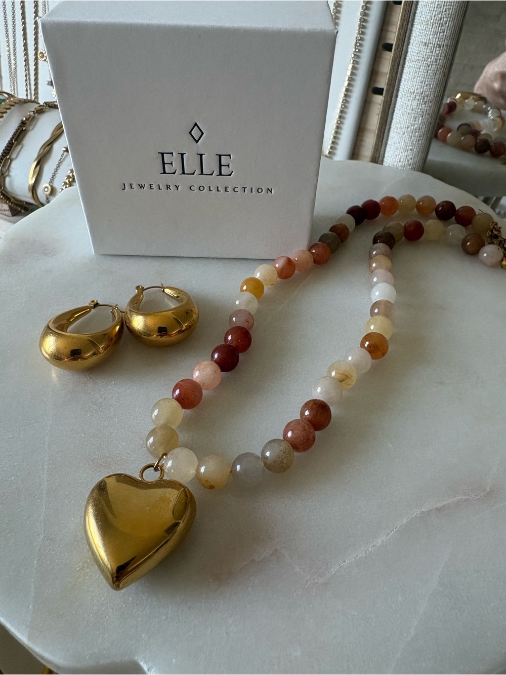 ELLE Multicolor Agate Beaded Necklace with Gold Heart Pendant and Hoop Accent